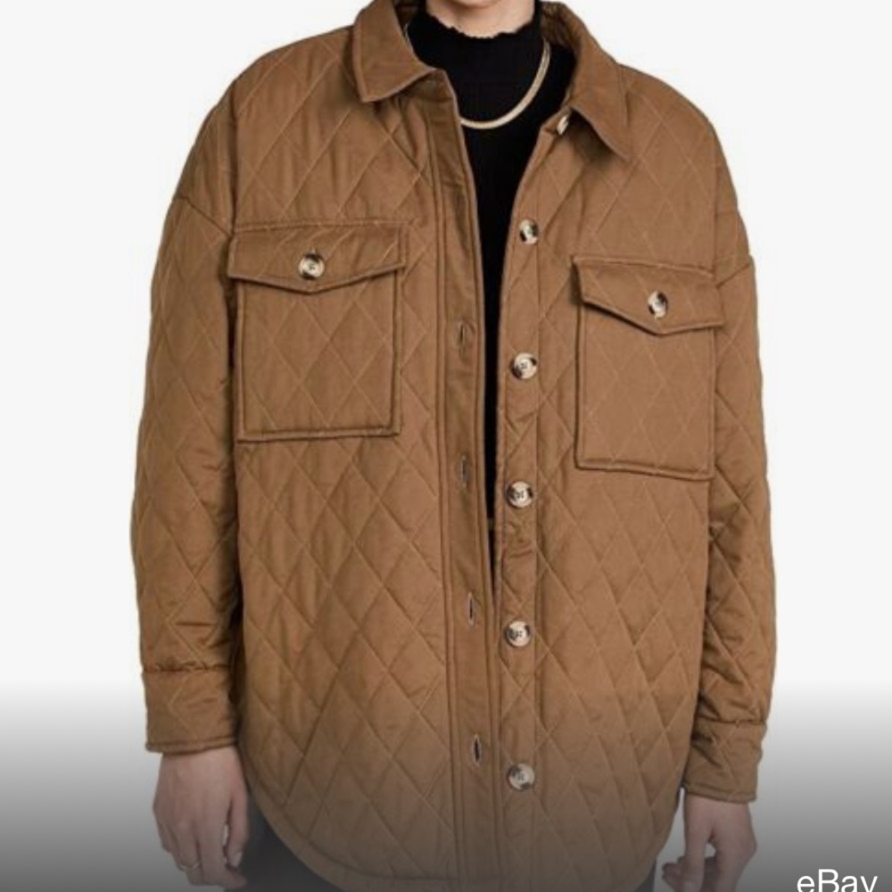 Good American Essentials Mid Weight Quilted Sherpa Shacket Brown, 3/4- L/XL NWT